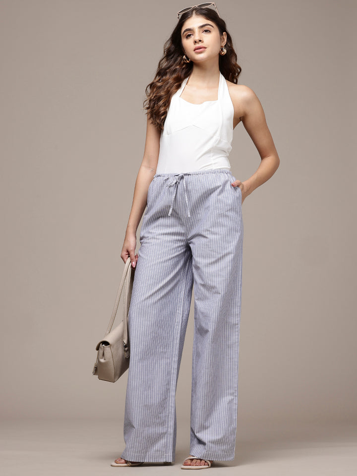 Popnetic Women Striped Cotton-Linen Wide Leg Trousers