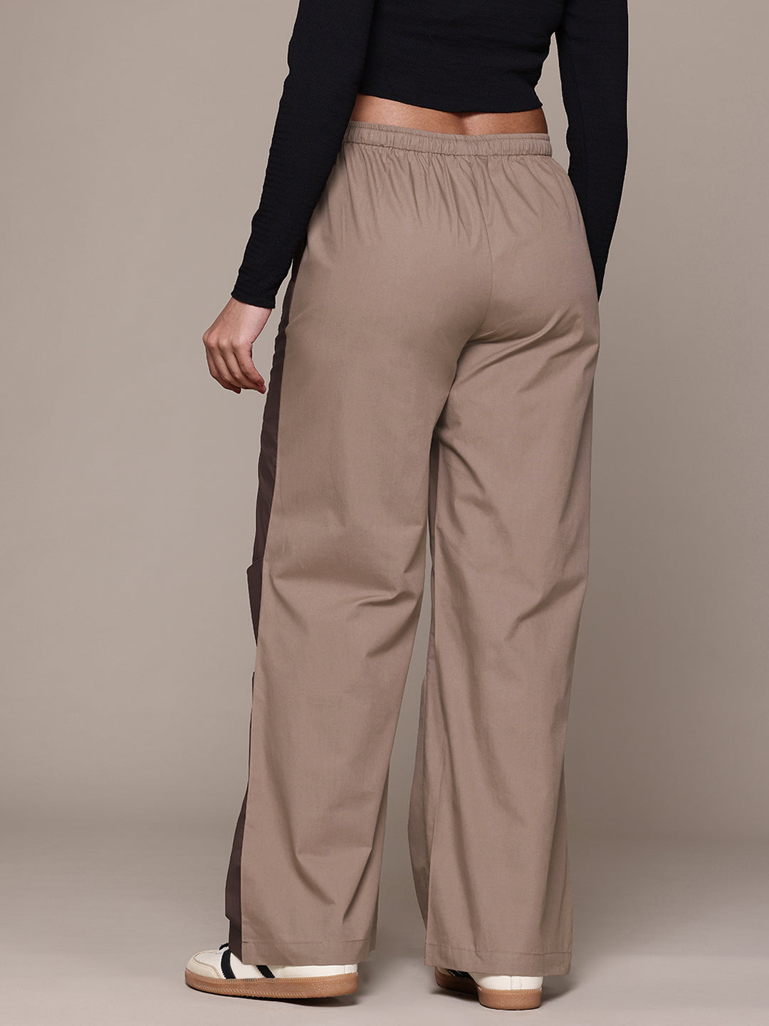 Popnetic Women Colourblocked High-Rise Pure Cotton Wide Leg Fit Parachute Trousers