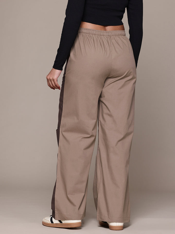 Popnetic Women Colourblocked High-Rise Pure Cotton Wide Leg Fit Parachute Trousers