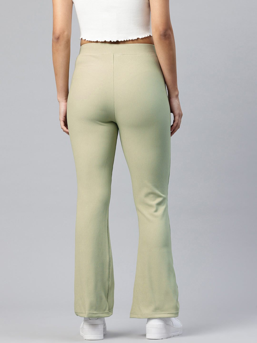 Popnetic Women Ribbed  Flared High-Rise Trousers