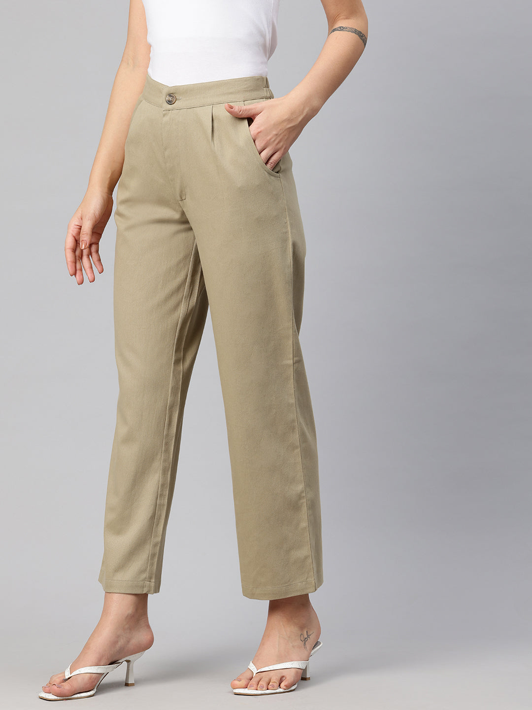 Popnetic High-Rise Pleated Pure Cotton Parallel Trousers