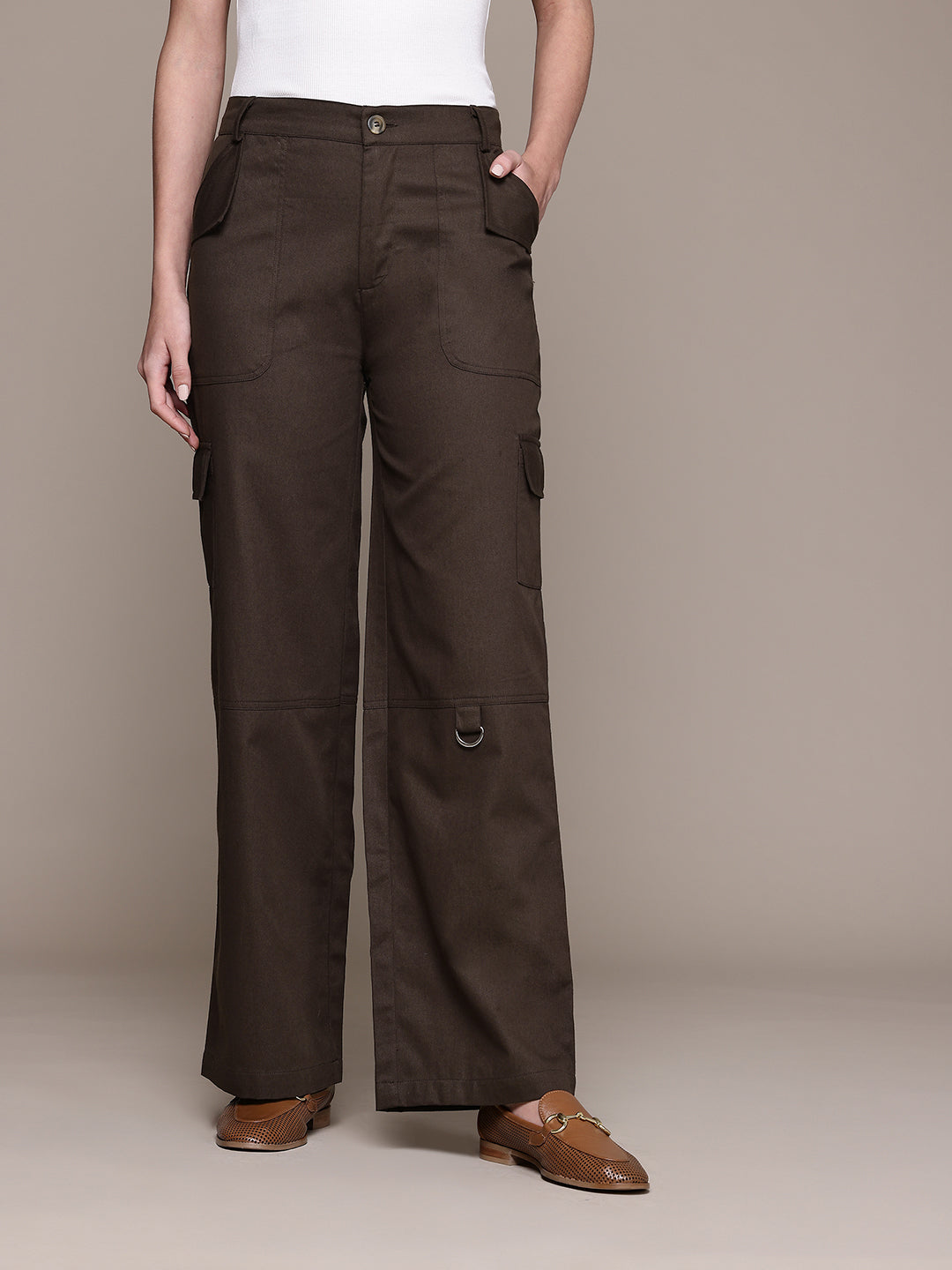 Popnetic Women High-Rise Pure Cotton Twill Weave Cargo-Style Wide Leg Trousers