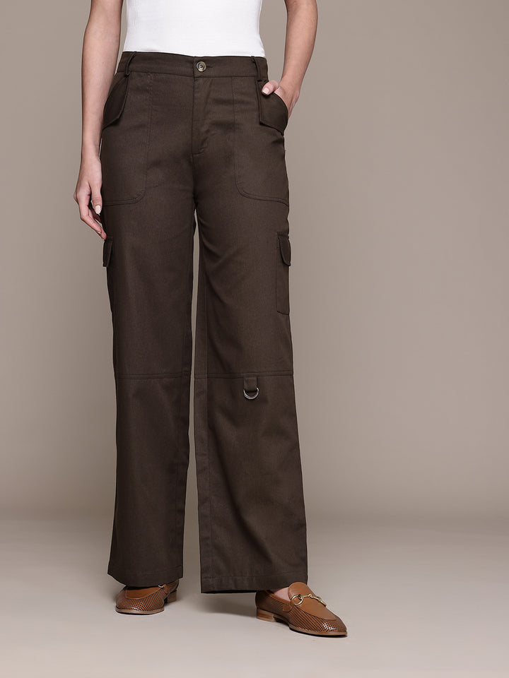 Popnetic Women High-Rise Pure Cotton Twill Weave Cargo-Style Wide Leg Trousers
