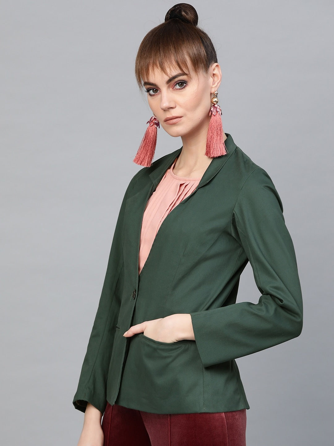 Popnetic Women Green Solid Casual Pure Cotton Blazer