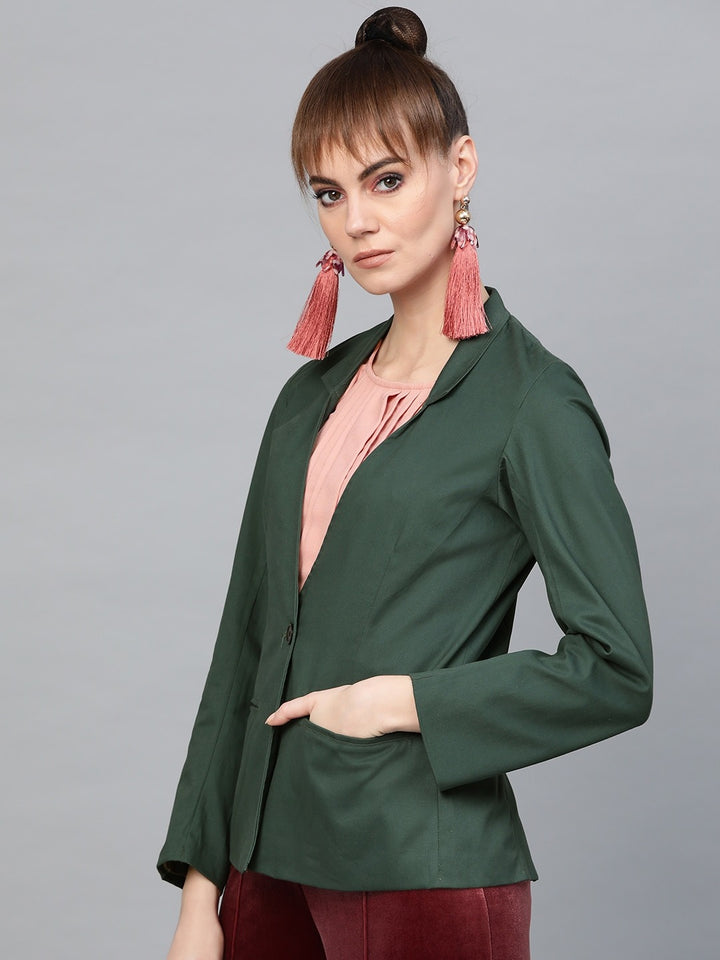 Popnetic Women Green Solid Casual Pure Cotton Blazer