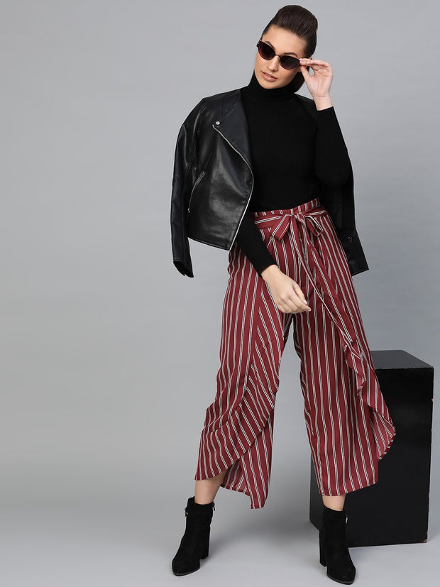 Popnetic Women Maroon & White Loose Fit Layered Striped Culottes
