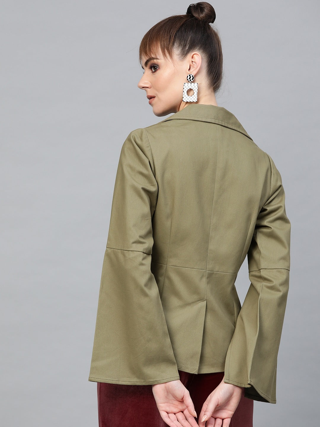 Popnetic Women Olive Green Solid Casual Pure Cotton Blazer