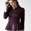 Popnetic Women Burgundy Solid Peplum Jacket