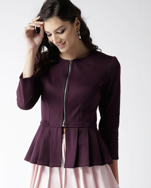 Popnetic Women Burgundy Solid Peplum Jacket