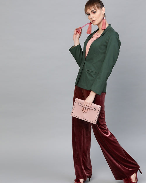 Popnetic Women Green Solid Casual Pure Cotton Blazer