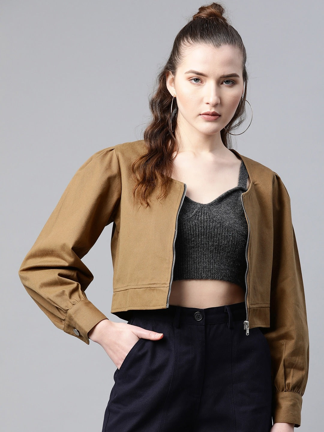Popnetic Women Khaki Solid Pure Cotton Bolero Jacket