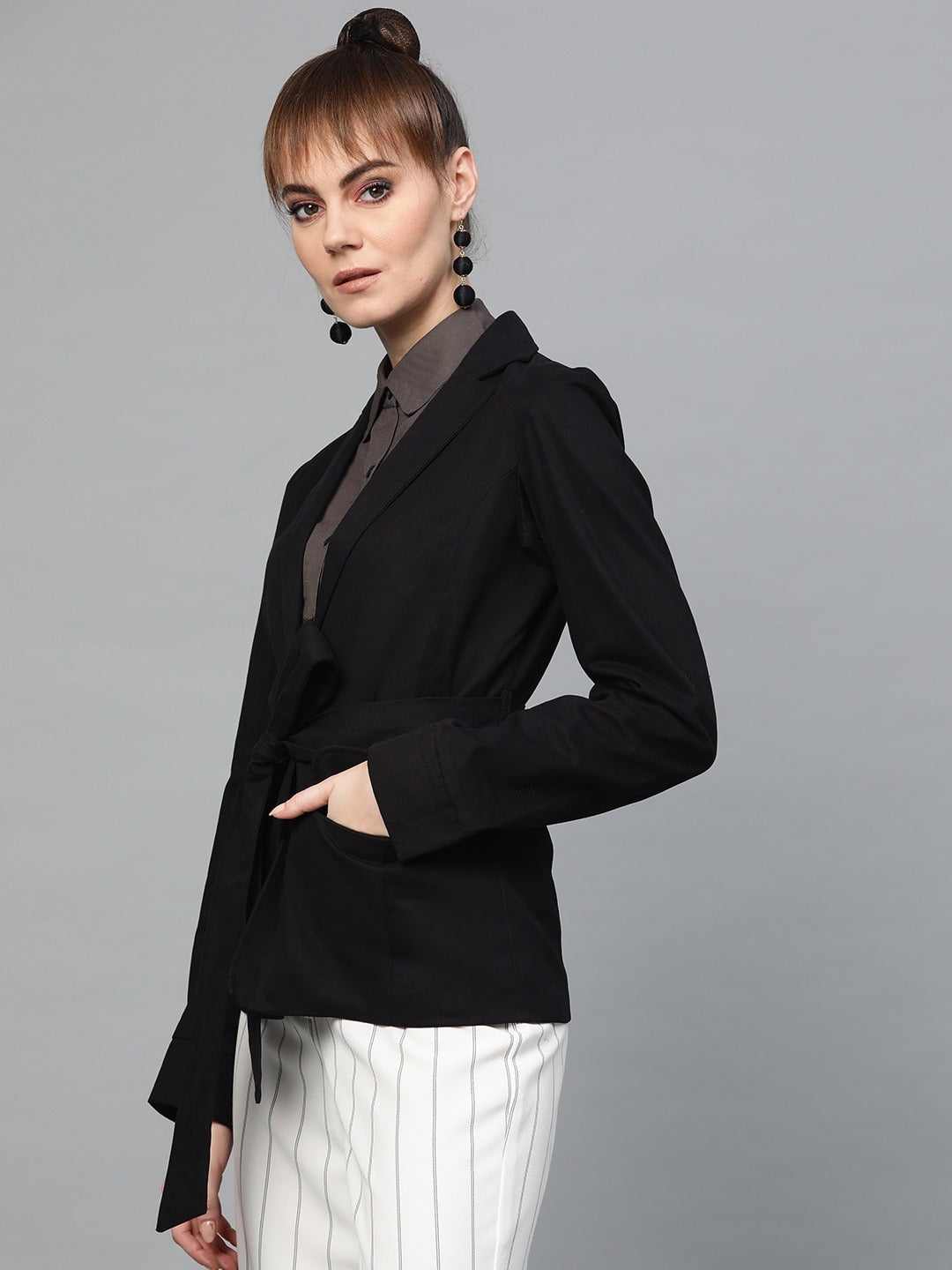 Popnetic Women Black Solid Casual Pure Cotton Blazer