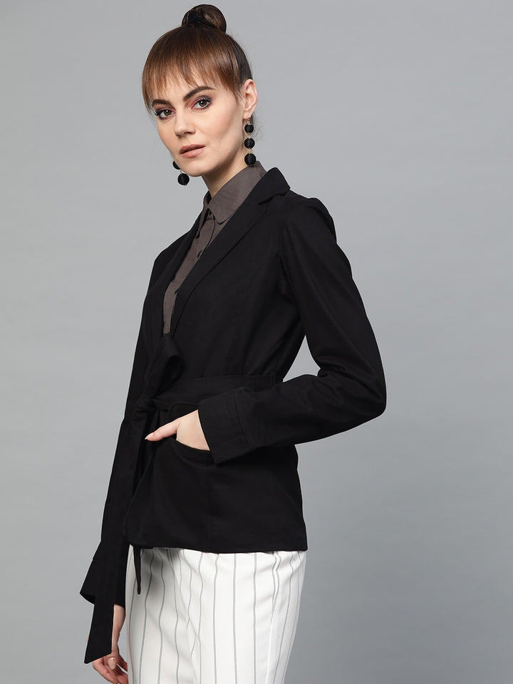 Popnetic Women Black Solid Casual Pure Cotton Blazer