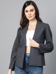 Popnetic Women Charcoal Grey & Black Printed Single Breasted Casual Pure Cotton Blazer