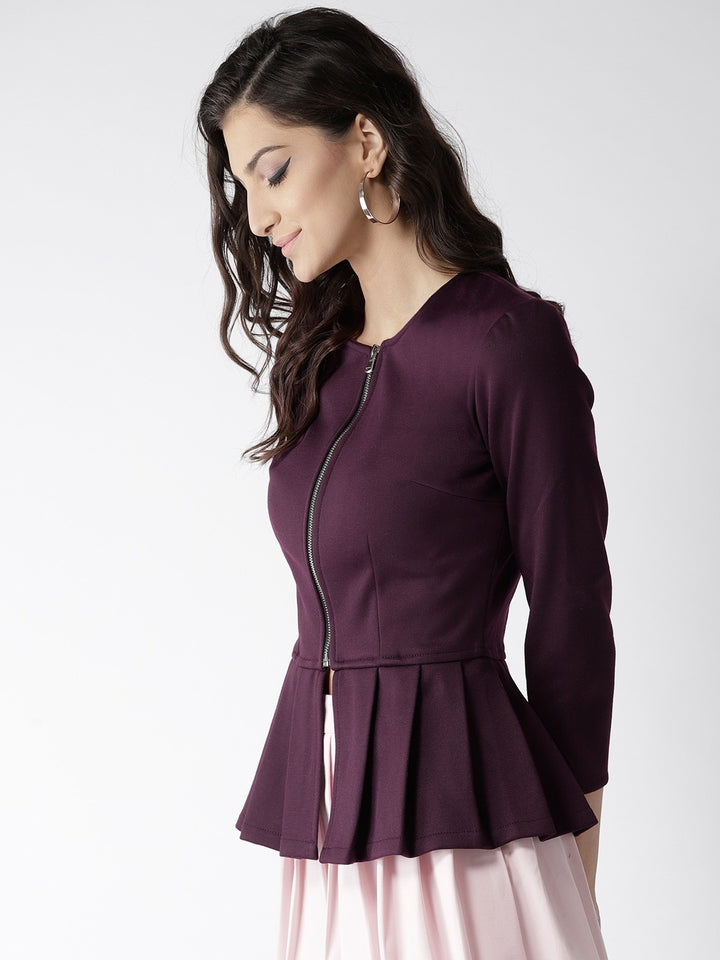 Popnetic Women Burgundy Solid Peplum Jacket
