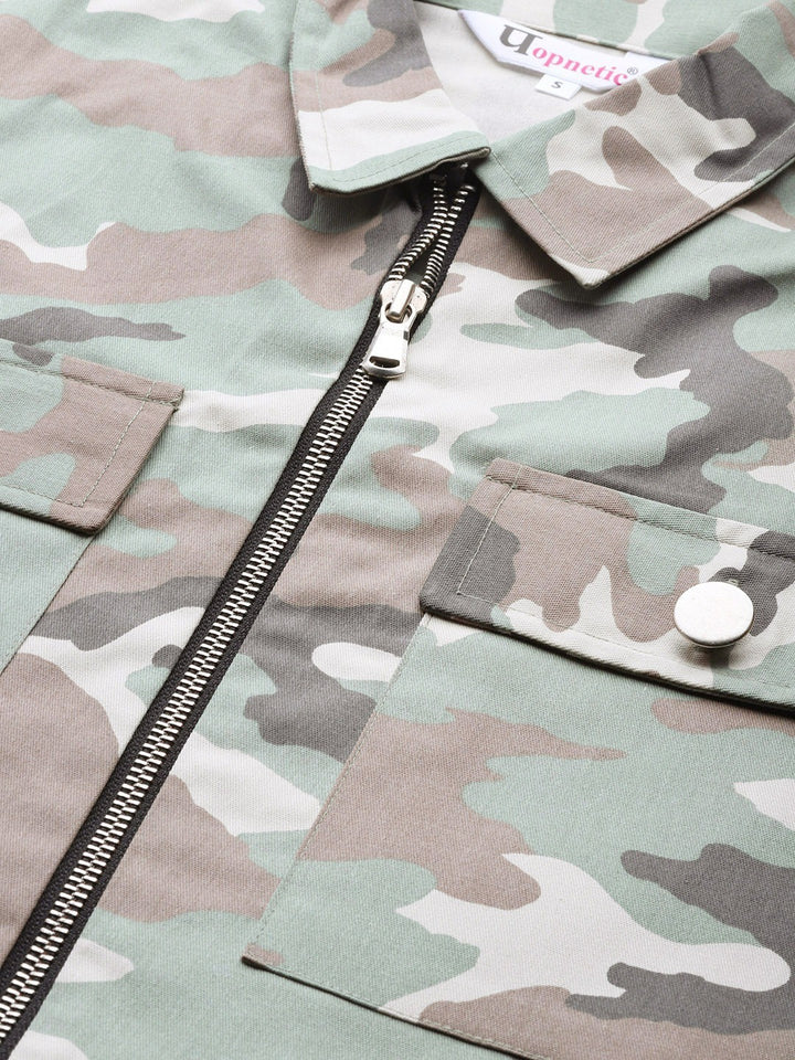 Popnetic Women Green & White Camouflage Print Pure Cotton Crop Jacket