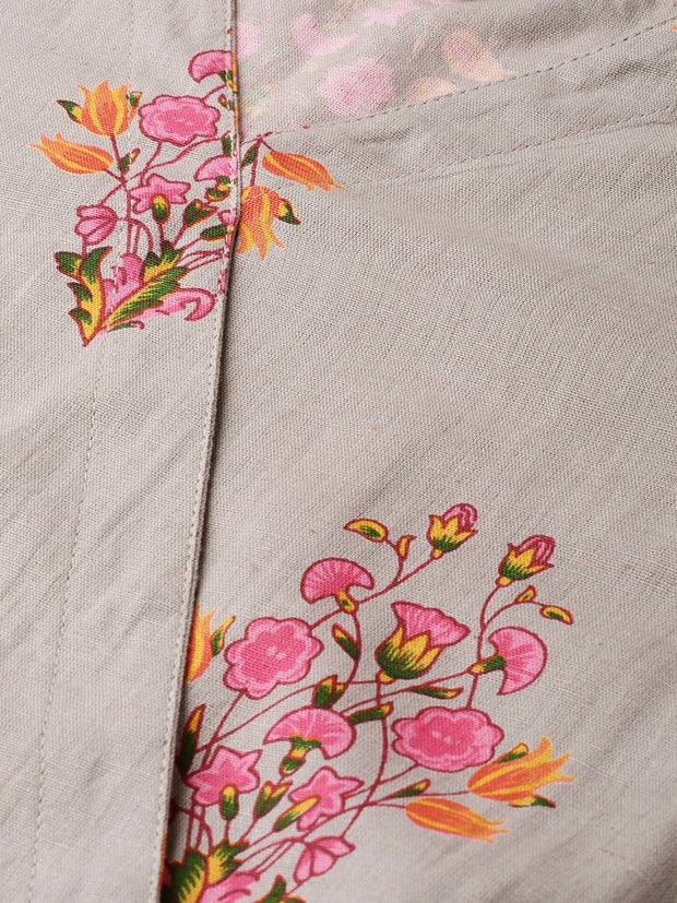 Women Grey & Pink Printed Angrakha A-Line Kurta