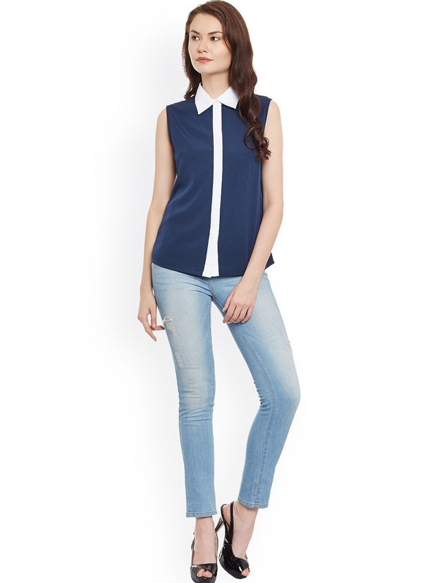 Popnetic Women Blue Comfort Fit Solid Casual Shirt