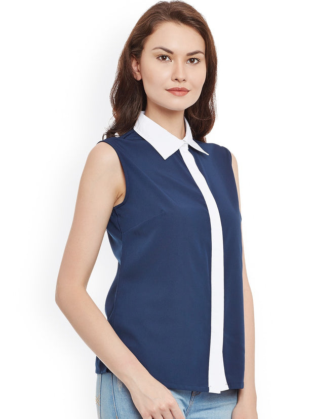 Popnetic Women Blue Comfort Fit Solid Casual Shirt