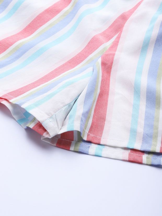 Popnetic Women White & Pink Striped Striped Regular Fit Pure Cotton Shorts