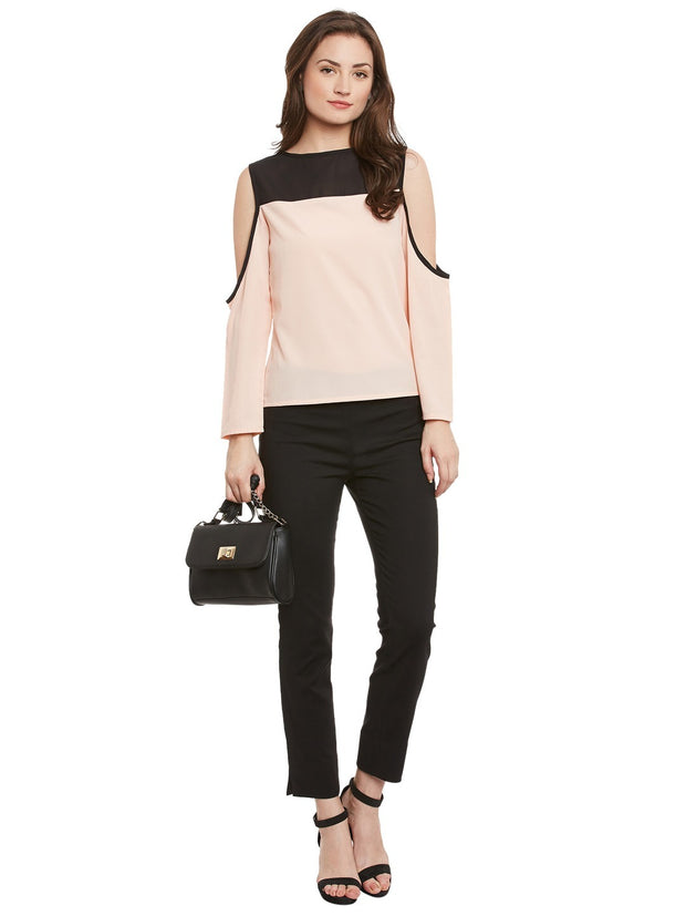 Popnetic Women Peach-Coloured Crepe Loose Fit Cold Shoulder Top