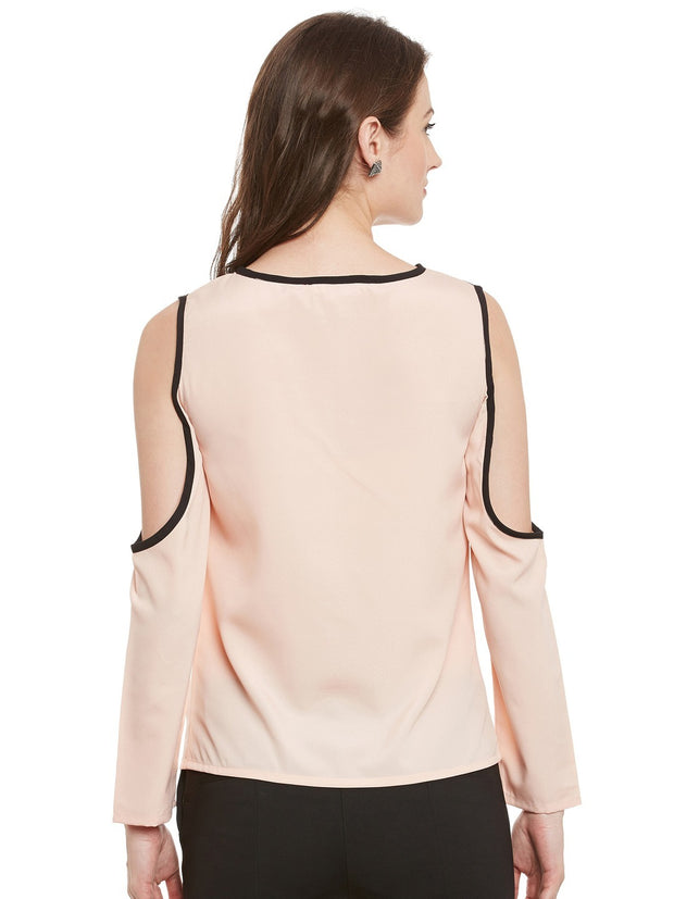 Popnetic Women Peach-Coloured Crepe Loose Fit Cold Shoulder Top