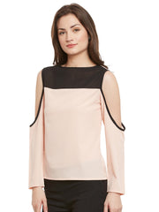 Popnetic Women Peach-Coloured Crepe Loose Fit Cold Shoulder Top