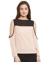 Popnetic Women Peach-Coloured Crepe Loose Fit Cold Shoulder Top