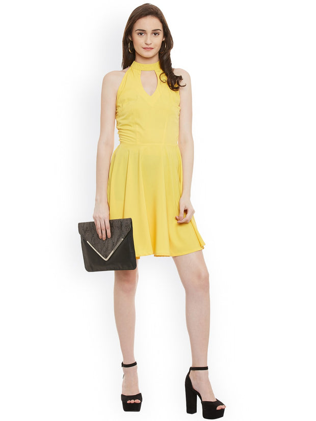 Popnetic Women Yellow Solid Fit and Flare Dress