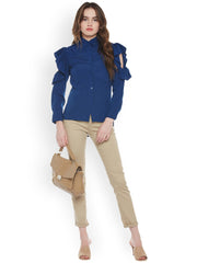 Popnetic Women Blue Classic Regular Fit Solid Casual Shirt