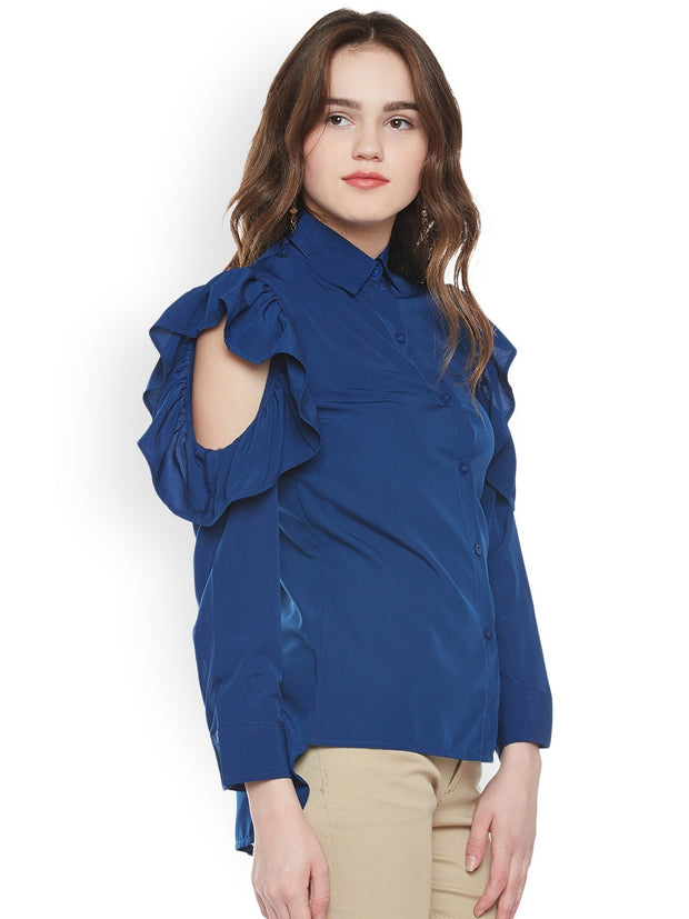 Popnetic Women Blue Classic Regular Fit Solid Casual Shirt