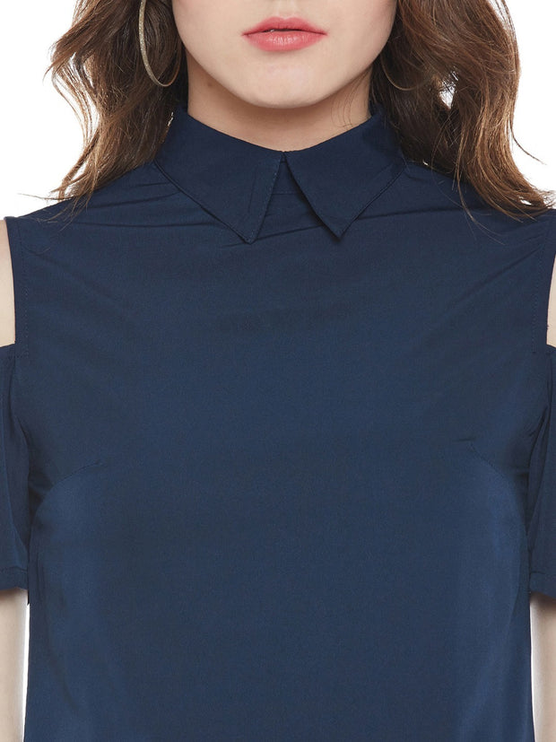 Popnetic Women Navy Solid Cold Shoulder Top