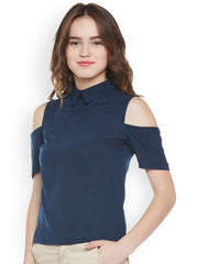 Popnetic Women Navy Solid Cold Shoulder Top
