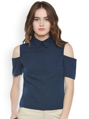 Popnetic Women Navy Solid Cold Shoulder Top