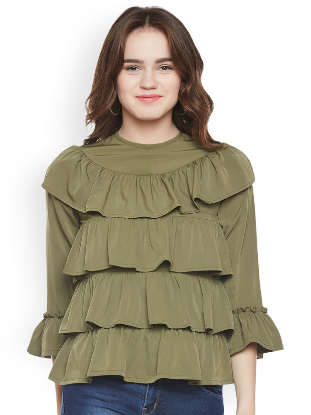 Popnetic Women Olive Green Solid Layered Top