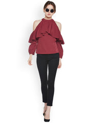 Popnetic Women Maroon Solid Cold Shoulder Top