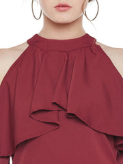 Popnetic Women Maroon Solid Cold Shoulder Top