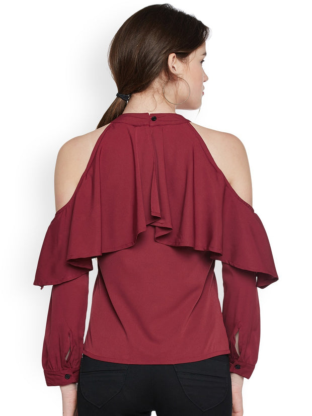 Popnetic Women Maroon Solid Cold Shoulder Top