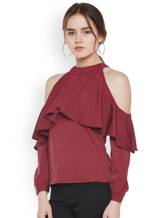 Popnetic Women Maroon Solid Cold Shoulder Top