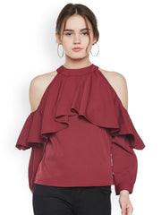 Popnetic Women Maroon Solid Cold Shoulder Top