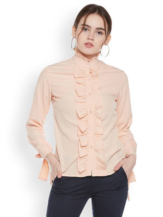 Popnetic Women Peach-Coloured Classic Regular Fit Solid Party Shirt