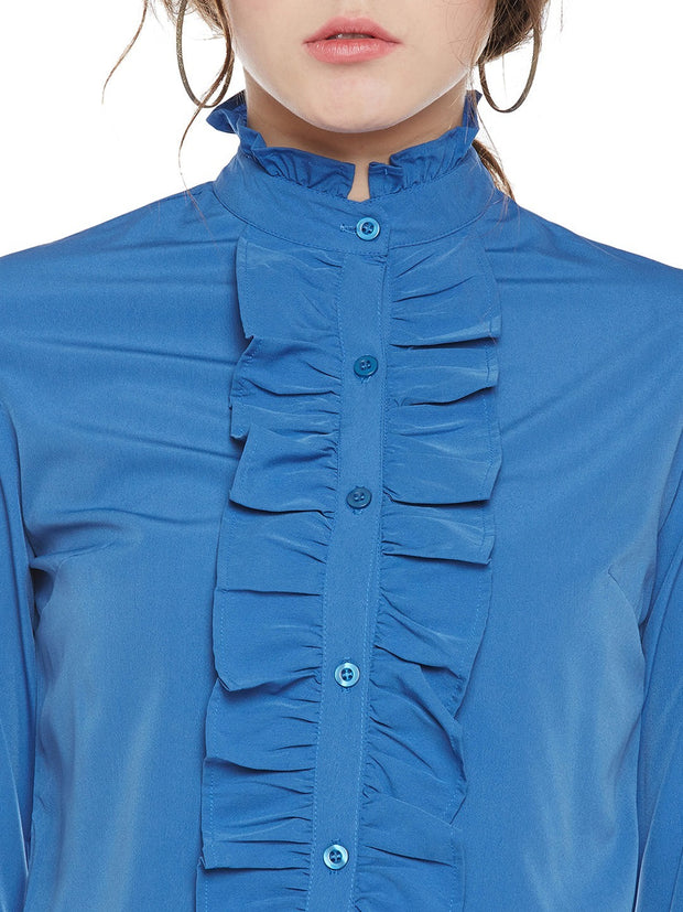 Popnetic Women Blue Classic Regular Fit Solid Party Shirt
