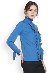 Popnetic Women Blue Classic Regular Fit Solid Party Shirt