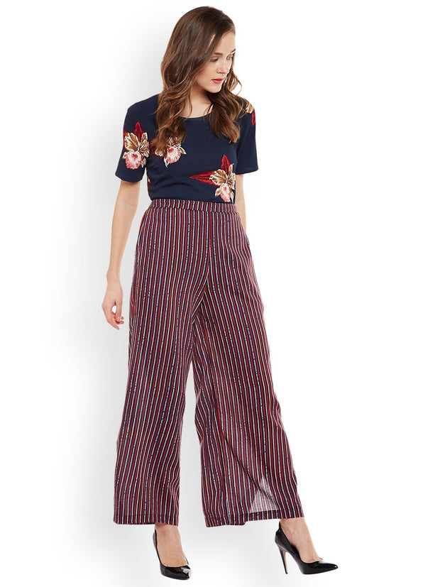 Popnetic Women Blue & Red Relaxed Loose Fit Striped Parallel Trousers