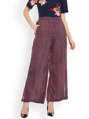Popnetic Women Blue & Red Relaxed Loose Fit Striped Parallel Trousers