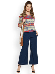 Popnetic Women Navy Blue Relaxed Loose Fit Solid Parallel Trousers