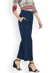 Popnetic Women Navy Blue Relaxed Loose Fit Solid Parallel Trousers