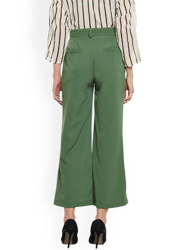 Popnetic Women Green Smart Loose Fit Solid Formal Trousers