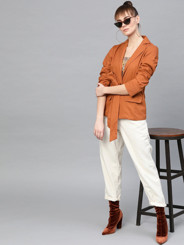 Popnetic Women Rust Orange Solid Casual Pure Cotton Blazer