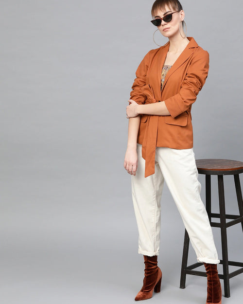 Popnetic Women Rust Orange Solid Casual Pure Cotton Blazer